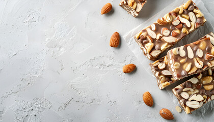 Wall Mural - Pieces of delicious nutty nougat on light gray table, top view. Space for text