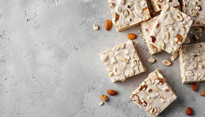 Wall Mural - Pieces of delicious nutty nougat on light gray table, top view. Space for text