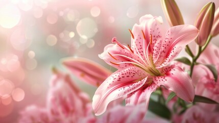 Wall Mural - Pink lily flower with shallow depth of field and retro tones