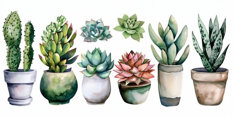Wall Mural - Succulent plants are painted in watercolor. The plants are arranged in a row on white background