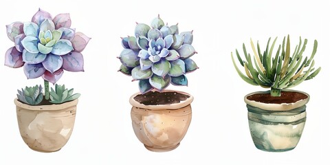 Wall Mural - Succulent plants are painted in watercolor. The plants are arranged in a row on white background