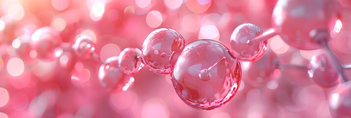Poster - Pink spheres with water droplets on them. The spheres are arranged in a line, with some overlapping each other. Concept of fluidity and movement, as the water droplets seem to be in constant motion