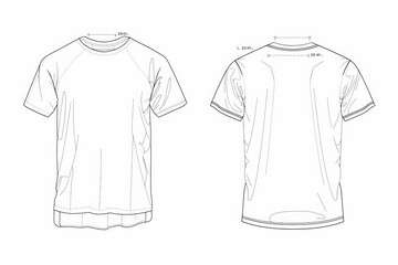 outline a blank mockup tech pack for a basic T-shirt, simple outline, flat 2D, simple lines, vector lines, Front, back, tech mockup on white background 