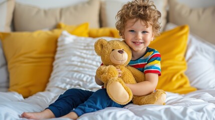 Wall Mural - The boy cuddling teddy bear