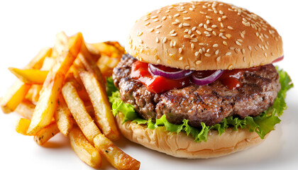 Wall Mural - Delicious burger with beef patty, tomato sauce and french fries isolated on white