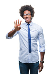 Sticker - Afro american business man wearing glasses over isolated background showing and pointing up with fingers number four while smiling confident and happy.