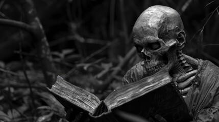 Skull Reads Forbidden Tome in Eerie Woods