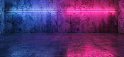 Poster - Neon Cyber Futuristic Retro Alien Dance Club Glowing Purple Pink Blue Lights In Dark Empty Grunge Concrete Reflective Room 4K Background 3D