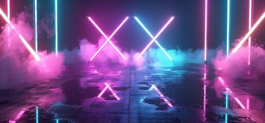 Poster - 'Sci Fi Futuristic' Modern Cross Shaped Neon Lights Scene Stage On Grunge Reflective Concrete Empty Hall Dark Purple Blue Glowing Smoke And Fog 3D Rendering