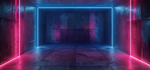 Poster - A 3D rendering of a futuristic sci-fi alien spaceship with a neon blue and purple background.
