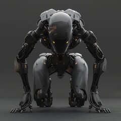 Poster - In a futuristic black armor suit, a cyborg female squats, putting her palm on the floor. She looks up at the floor. A cyborg female sitting on her haunches, looking at the ground.