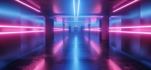 Poster - Typical concrete grunge floor stripe design with neon glow purple and blue futuristic sci fi ships and tunnels in a 3D rendering with a triangle frame and reflecting white reflection.