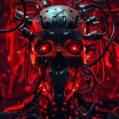 Poster - The Oracle awakens - Illustration of robotic skull stock hard-wired to computer