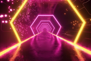 Poster - thrilling flight through neon-lit neon figures in the 80s style. 360-degree video. 3d illustration.
