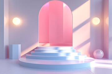 Minimalist podium setup with pastel colors, geometric elements, and soft lighting, ideal for contemporary displays.