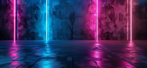 Poster - Retro Neon Blue Luminous Fluorescent Tube Lights Abstract Grunge Concrete Tunnel Room Sci Fi Futuristic Stage Empty Night Background 3D Rendering