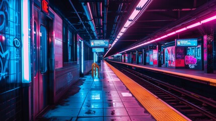Aufkleber - A subway station platform at night, brightly lit with neon lights and advertising billboards