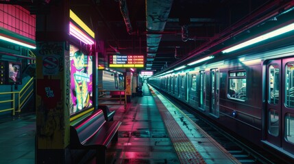 Aufkleber - A subway station platform at night, brightly lit with neon lights and advertising billboards