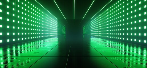 Poster - Laser Neon Green Pantone Garage Underground Concrete Metal Construction Rendering of Futuristic Sci Fi Dance Club Stage Catwalk Showcase