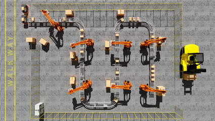 Wall Mural - Factory 4.0 concept. The cooperation  of Handling robot , AGV (automated guided vehicle) and conveyor system in smart warehouse.3D illustration