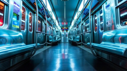 Aufkleber - A subway train interior with empty seats and handrails, illuminated by overhead lights