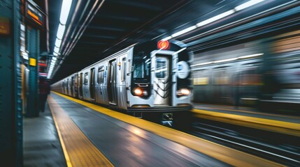 Aufkleber - A subway train leaving a station, with motion blur to convey speed