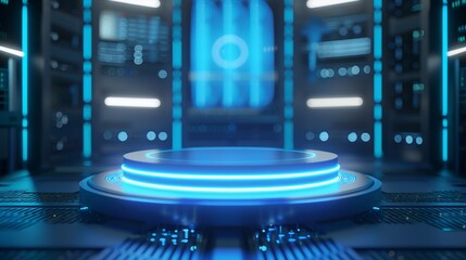 Poster - 3D illustration of a futuristic pedestal with lights for display. Blank podium for product. Stage and sci-fi concepts.
