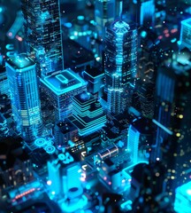 Poster - Skyscraper building in 3D simulation. Smart financial business city dashboard display on a digital screen. A futuristic sci-fi city with smart technology and IoT. 3D rendering.