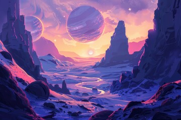 Wall Mural - landscape in space, desert on another planet with mountains and giant moon. extraterrestrial landsca
