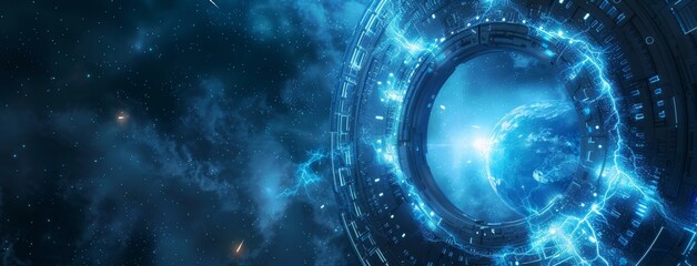 Poster - Cyberpunk style abstract display on a blue background.