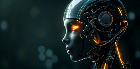 Canvas Print - Female robot head with wires attached to her brain glowing with warm light. Future of stocks concept. Blurred data center background. Copy space.