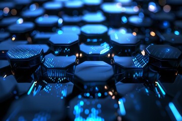 Poster - Blue abstract hexagon pattern of futuristic surface, honeycomb hexagon with light rays, 3D render