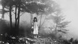 © talkative.studio - Mysterious girl standing alone in eerie foggy woods with a creepy doll