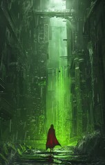 Poster - In a futuristic alley, Red Riding Hood is shown in a science fiction setting, illustrated by