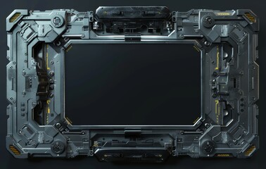 Poster - a futuristic steel tablet device in the sci-fi era. it is rendered in 3d.