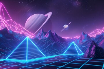 Poster - 3d illustration background 80s retro fantasy retro futuristic flight over grid.
