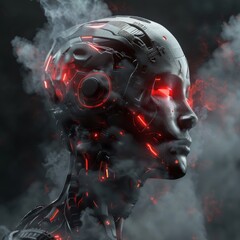Poster - Robot with a shiny dark metal helmet. Robot man with artificial face. Future soldier concept. 3D rendering.