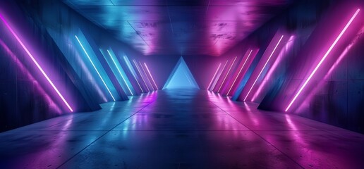 Poster - Futuristic SciFi Spaceship Triangle Dark Empty Corridor With Door And Purple And Blue Neon Glowing Tube Lights Reflections Background
