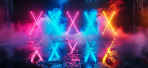 Poster - Stage Stage On Grunge Reflective Concrete Empty Hall Dark Purple Blue Glowing Smoke And Fog 3D Render Scifi Futuristic 3D Rendering