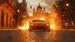 © fotofabrika - Orange Sports Car Driving Through City Street With Explosions And Helicopters