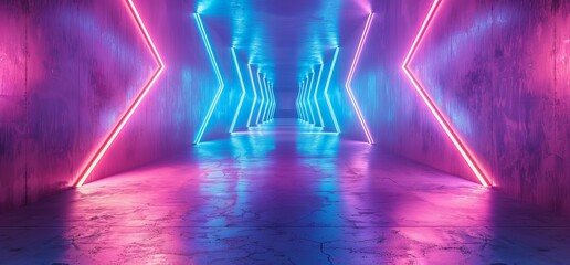 Poster - Luxurious Luminous Cosmic Ultraviolet Fluorescent Retro Arrow Vertical Lights Purple Blue Grunge Concrete Tunnel 3D Rendering
