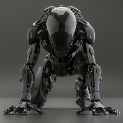 Poster - Cyborg female squatting, placing her palm on the floor. Girl in futuristic black armor suit, looking down at the ground. 3D render on gray background.