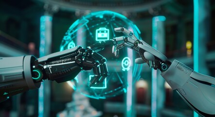Poster - Hands of robot and human touching on future interface for global virtual network connection. Machine learning. Financial and investment. Online banking. Stock technology concept.