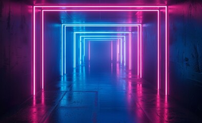 Poster - An abstract futuristic background filled with neon lines and shapes. A ray of neon glows and pierces the dark.