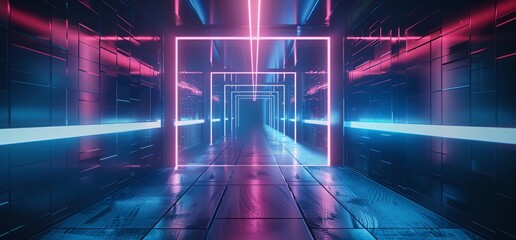 Poster - Space Tunnel Corridor Entrance Hallway Underground Triangle Frame White Reflection Concrete Grunge Floor Stripes with Neon Glow Purple Blue 3D Rendering