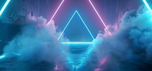 Poster - 3D Rendering of smoke neon laser glowing blue triangle corridor sci-fi futuristic tunnel underground alien spaceship dance disco showroom background Vibrant Beam Gateway