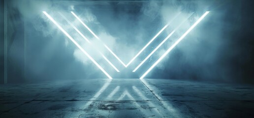 Poster - SciFi Arrows Lines Arc Spaceship Glowing Neon White Ice Futuristic Virtual Grunge Concrete Cement Reflective Dark Night Tunnel Corridor Hallway Gate Ceiling Floor 3D rendering