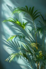 Wall Mural - Sunbeam illuminates a potted palm, casting shadows and highlighting the lush, green leaves.