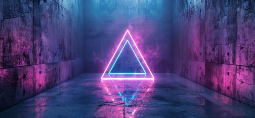 Poster - Tunnel Laser Beams Purple Blue Stage Glowing Retro Sci Fi Modern Futuristic Underground Garage Hallway Triangle Background 3D Image