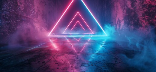 Poster - 3D rendering of a sci-fi futuristic neon-glowing laser show tunnel corridor underground garage warehouse triangle shaped purple blue garage